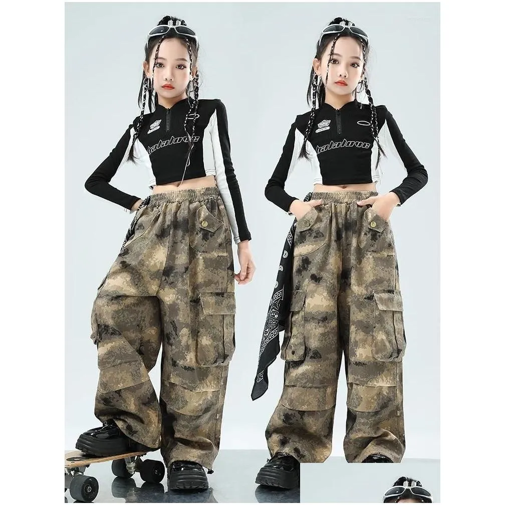 stage wear 2024 kids clothing black crop tops camouflage pants suit for girls jazz dance performance costumes hip hop streetwear