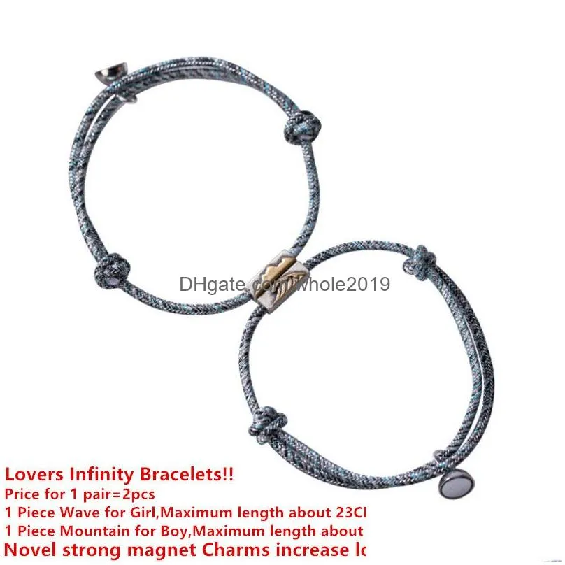 uglyless 1pair lovers infinity bracelets adjustable rope chain bracelet for couples 925 silver mountain wave bead magnet jewelry