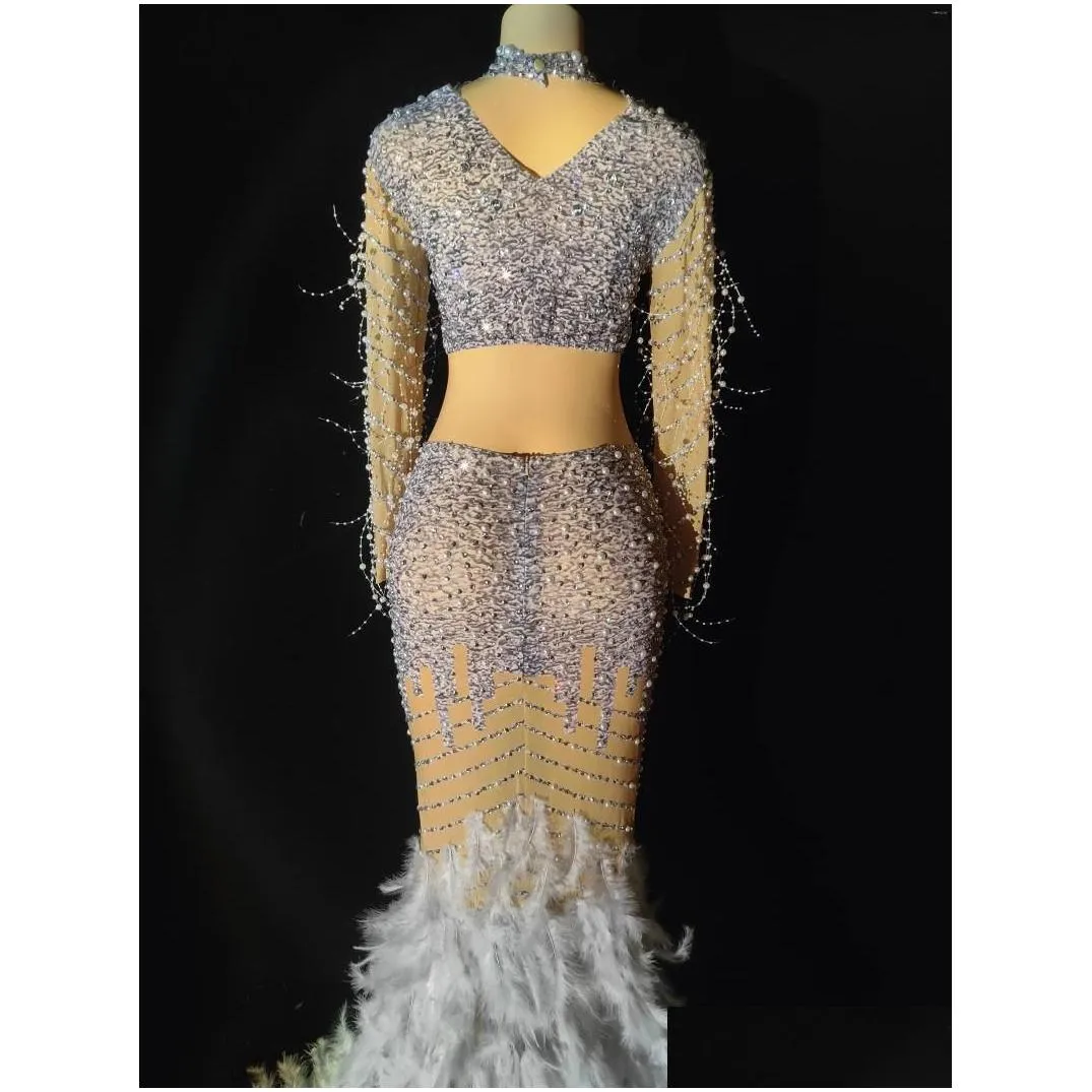 stage wear women sexy rhinestone pearls transparent feather train top long skirt evening birthday celebrate costume dancer dress