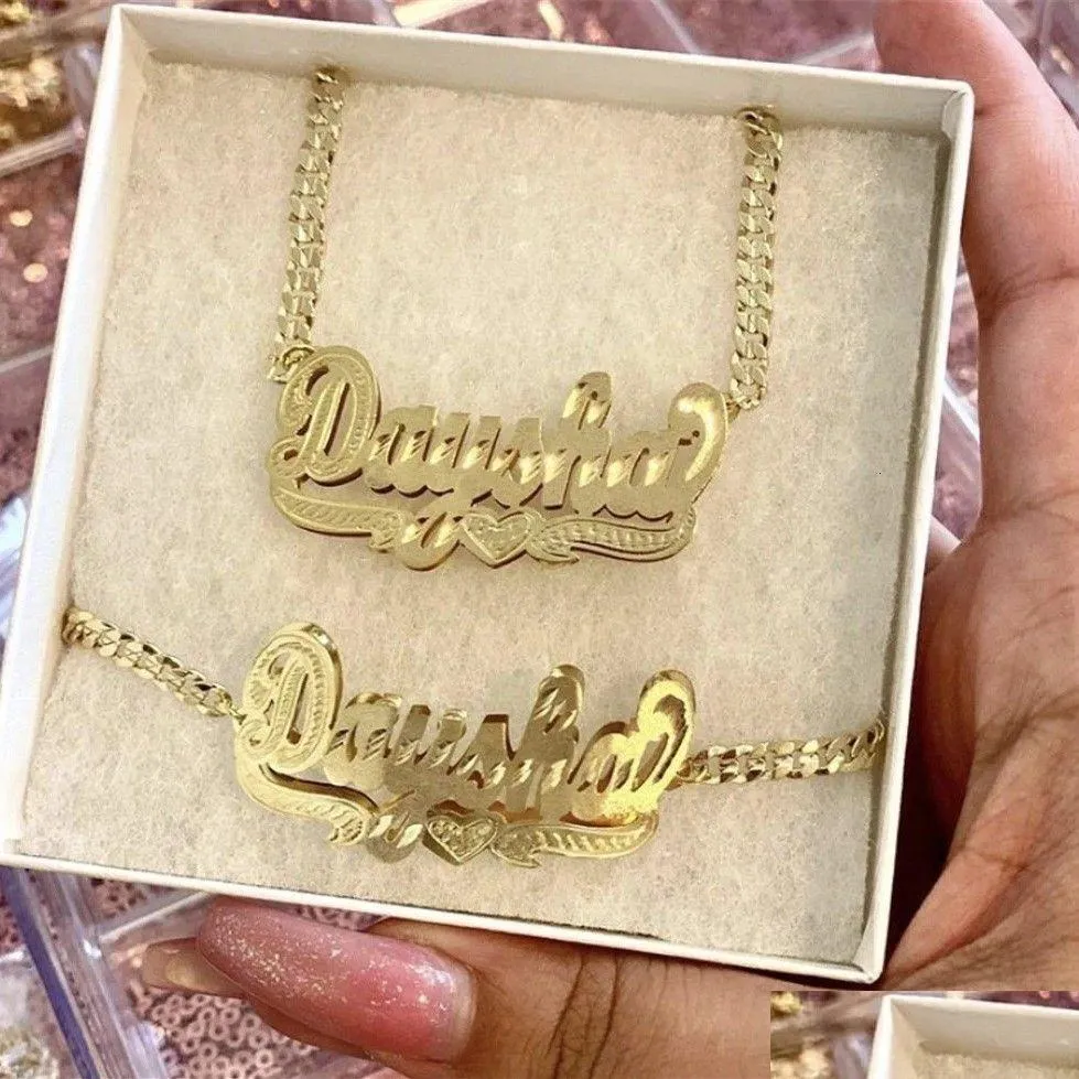 pendant necklaces 18k gold plated nameplate necklace personalized double layer 3d with heart customized name stainless steel jewelry