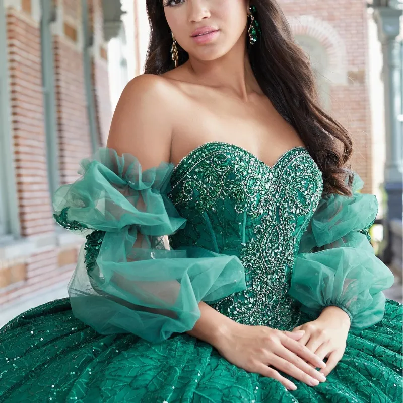 Green Shiny Sweetheart Ball Gown Quinceanera Dresses Off The Shoulder Appliques Lace Beads Tull Sweet 16 Corset Vestido De 15 Anos