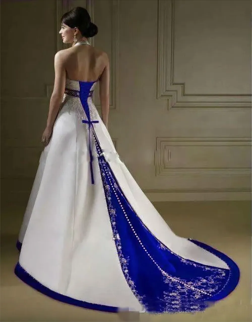 Vintage White And Royal Blue Satin Wedding Dress Strapless Embroidery Chapel Train Corset Custom Made Bridal Dresses Wedding Gowns