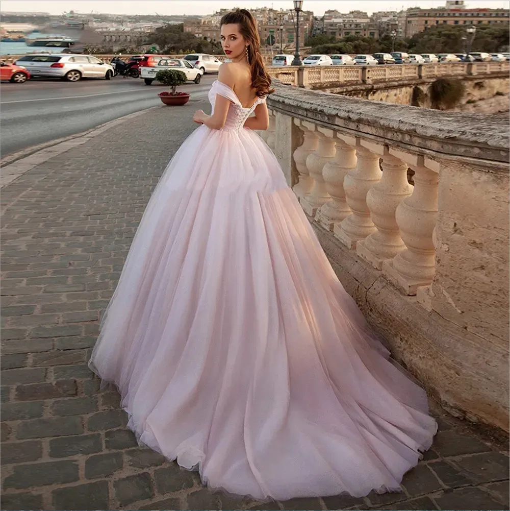 Pink Princess Ball Gown Wedding Dresses Off the Shoulder Ruched Tulle Skirt Corset Back Colorful Bridal Gown Bride`s Dress With Color