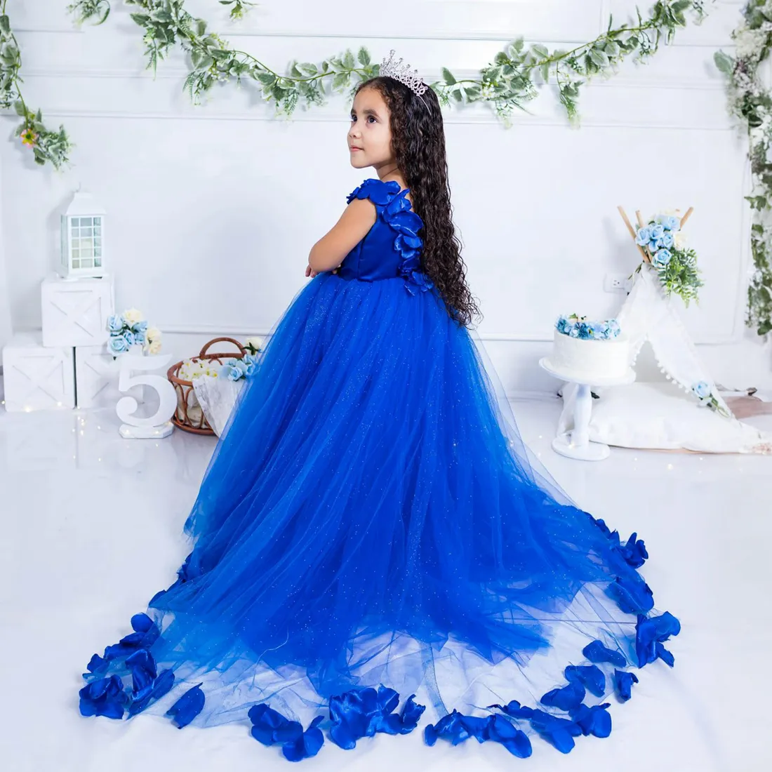 Shining Royal Blue Flower Girl Dresses Sheer Neck Puffy Pleated Tiered Tulle Ball Gowns for little Girls for Wedding Appliqued Lace Beaded Bridal Gowns NF112