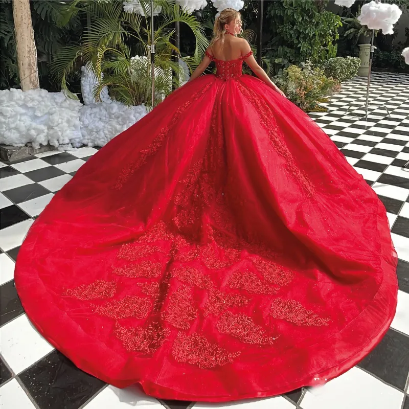 Red Quinceanera Dresses 2024 Lace Appliques Beads Tull Mexican Ball Gown Prom Party Dress Vestidos Butantes 15 anos