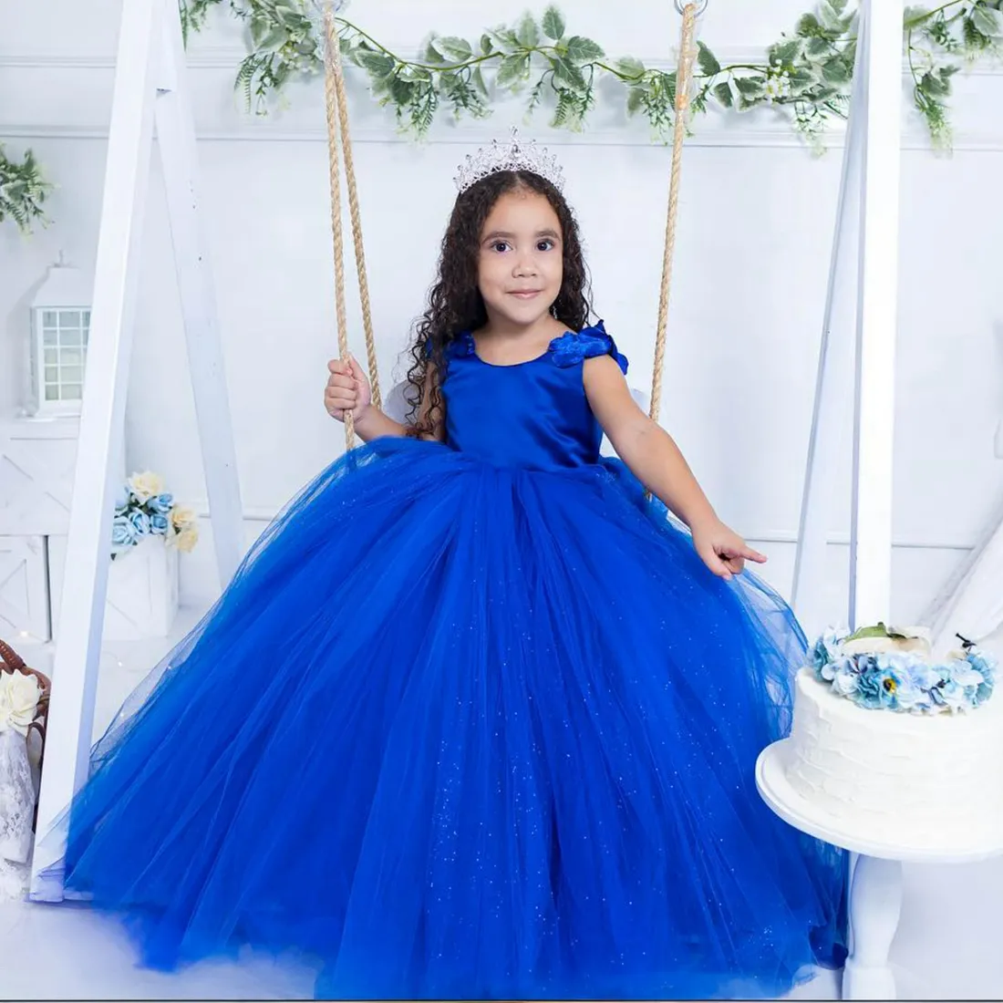 Shining Royal Blue Flower Girl Dresses Sheer Neck Puffy Pleated Tiered Tulle Ball Gowns for little Girls for Wedding Appliqued Lace Beaded Bridal Gowns NF112