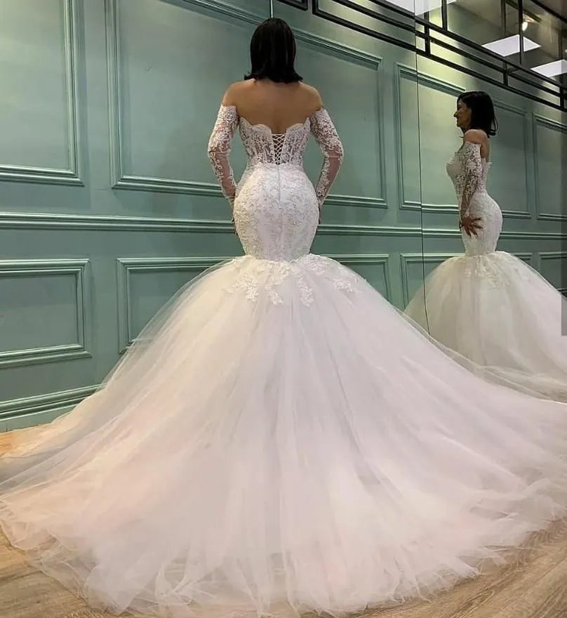 2024 Vintage Mermaid Wedding Dresses Bridal Gowns Off Shoulder Long Sleeves Tulle Lace Appliques Plus Size African Nigerian Fishtail Robe De Mariee Corset Back