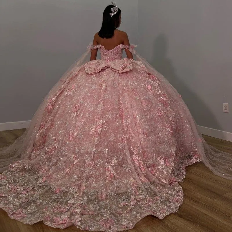 2024 Sexy Pink Quinceanera Dresses Ball Gown Off Shoulder Sweetheart Lace Appliques Crystal Beads Flowers Puffy Tulle Corset Back Party Dress Prom Evening Gowns