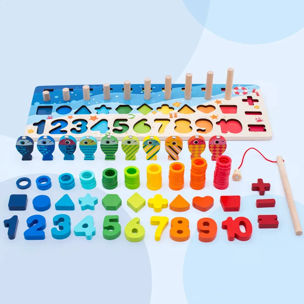 Kids Montessori Math Toys For Toddlers Educational Wooden Puzzle Fishing Toys Number Shape Matching Sorter Games Board Toy Gift 240118