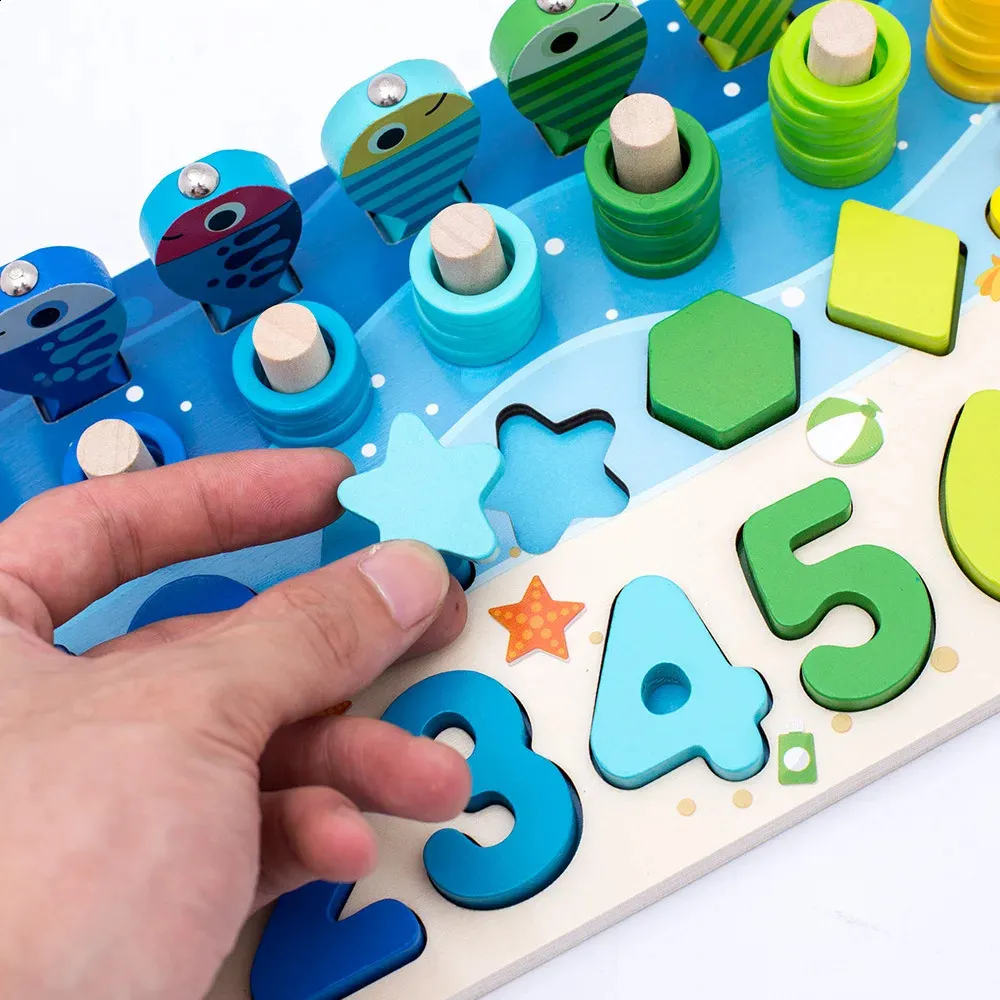 Kids Montessori Math Toys For Toddlers Educational Wooden Puzzle Fishing Toys Number Shape Matching Sorter Games Board Toy Gift 240118