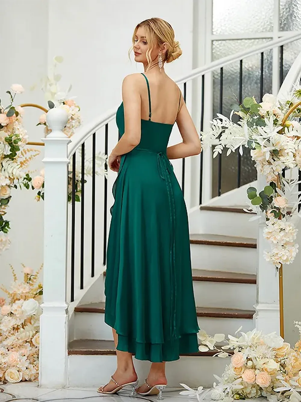 Green Asymmetrical Bridesmaid Dresses Spaghetti Strap Tiere High Low Wedding Guest Dress High Low Pleat Formal Party Gown