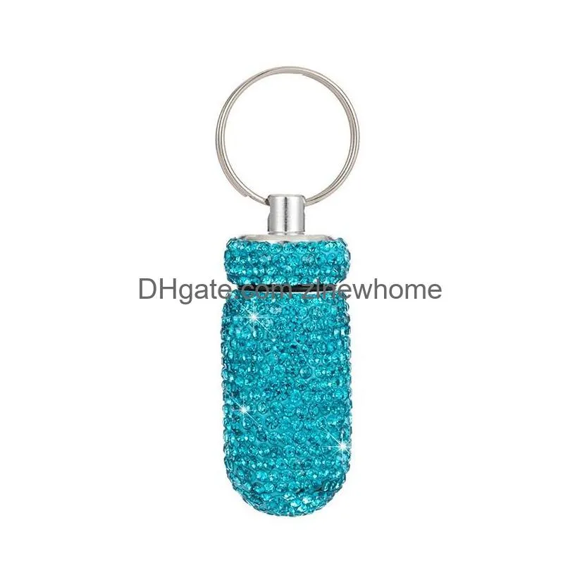 diamond small medicine bottle keychains portable waterproof aluminum alloy medicine tank storage box 12 colors