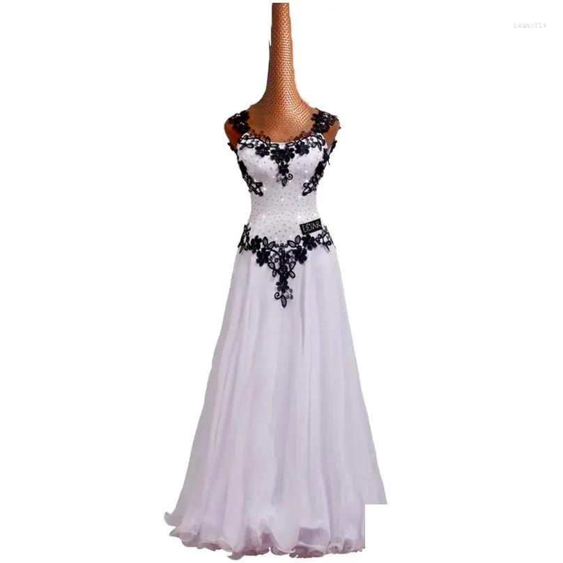stage wear modern waltz performance costume competition white off shoulder long black embroidered dance skirt