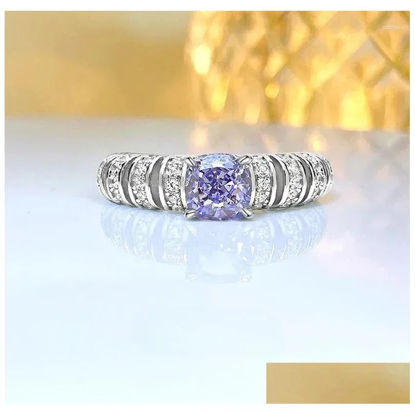 cluster rings purple diamond square cut 925 silver ring paired with high carbon multifunctional niche elegant women`s