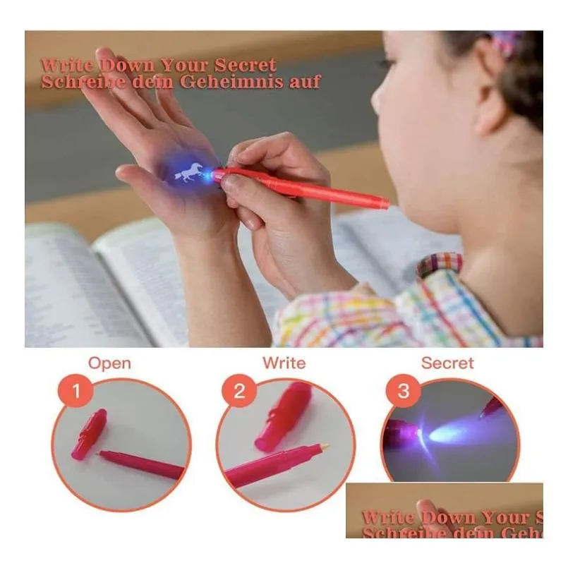 Multi Function Pens Wholesale Invisible Uv Ink Marker Pen With Traviolet Led Blacklight Secret Mes Writer Magic Disappear Words Kid Pa Dhb8D