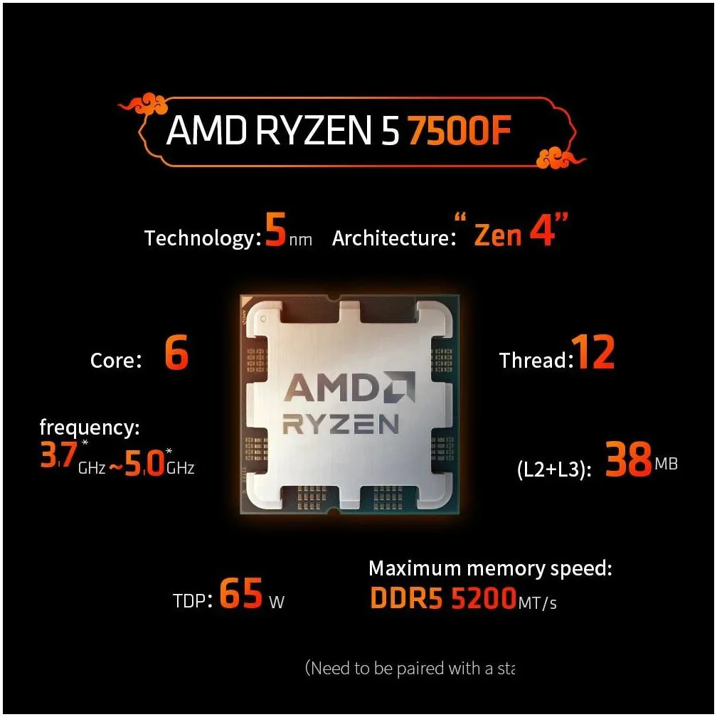 ryzen 5 7500f r5 37ghz 6core 12thread cpu processor 5nm l332m 100000000597 socket am5 sealed and without fan 240123