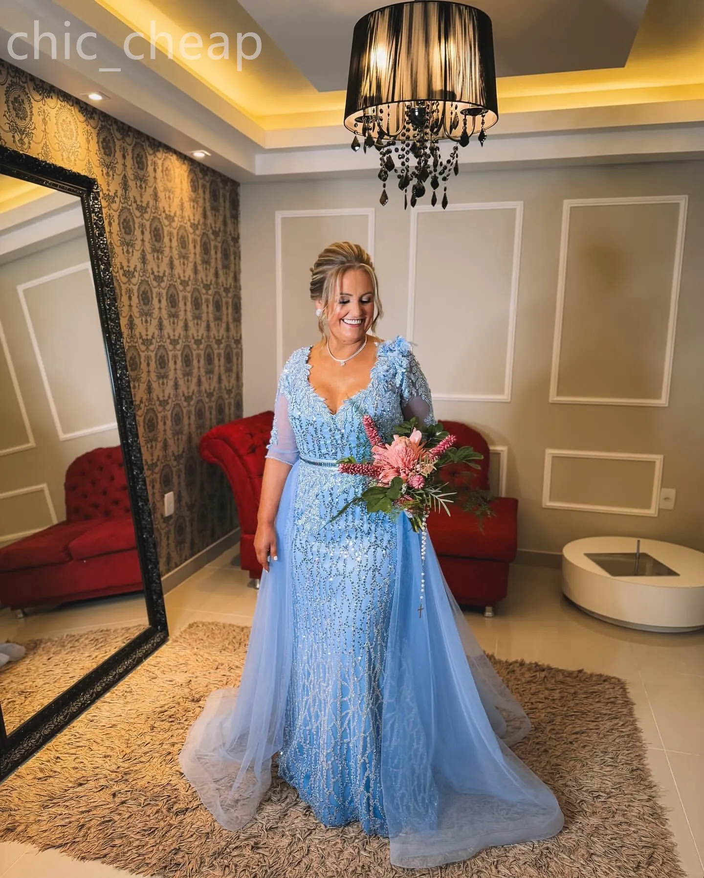 2024 Aso Ebi Arabic Sky Blue Mermaid Mother Of The Bride Dresses Lace Beaded Evening Prom Formal Party Birthday Celebrity Mother Of Groom Gowns Dress ZJ056