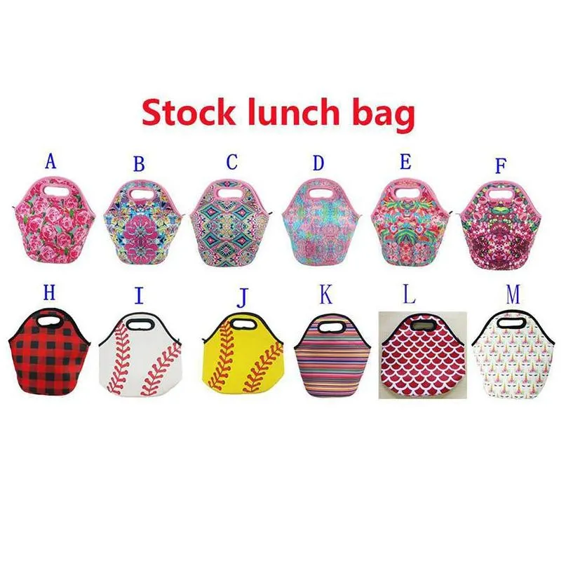 neoprene lunch bag baseball printing waterproof food beverage bento box tote bags picnic lunch 12 styles