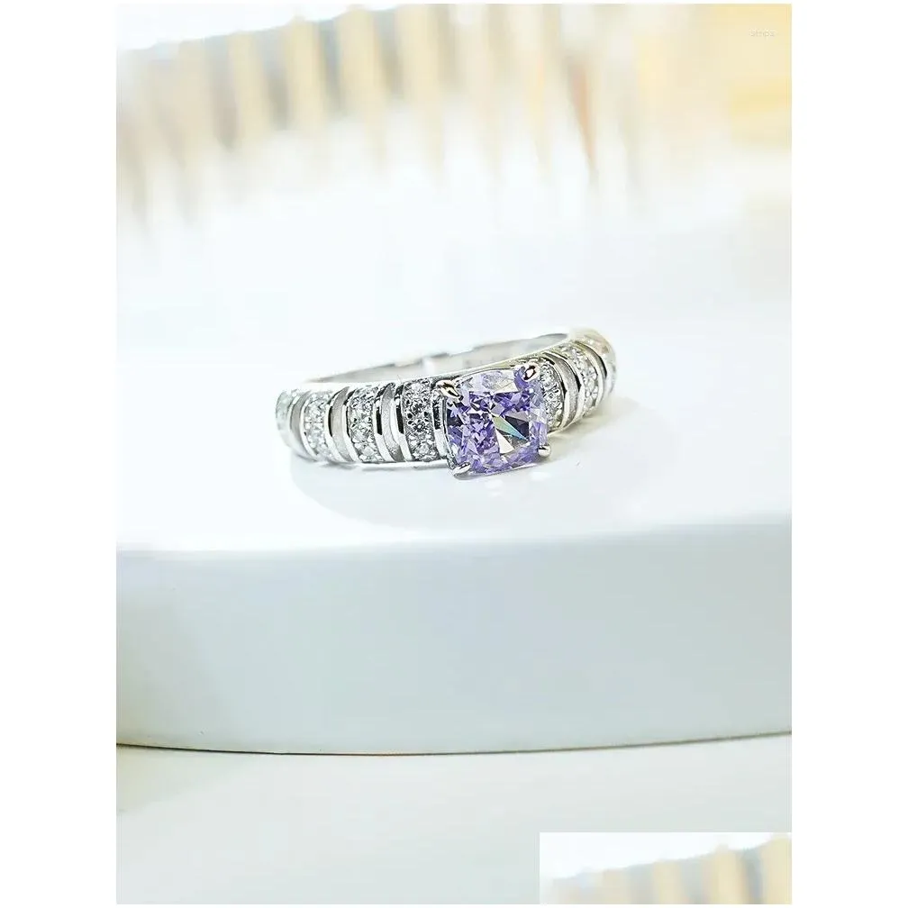 cluster rings purple diamond square cut 925 silver ring paired with high carbon multifunctional niche elegant women`s