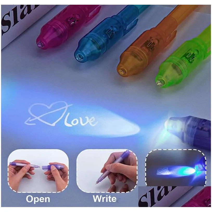 Multi Function Pens Wholesale Invisible Uv Ink Marker Pen With Traviolet Led Blacklight Secret Mes Writer Magic Disappear Words Kid Pa Dhb8D