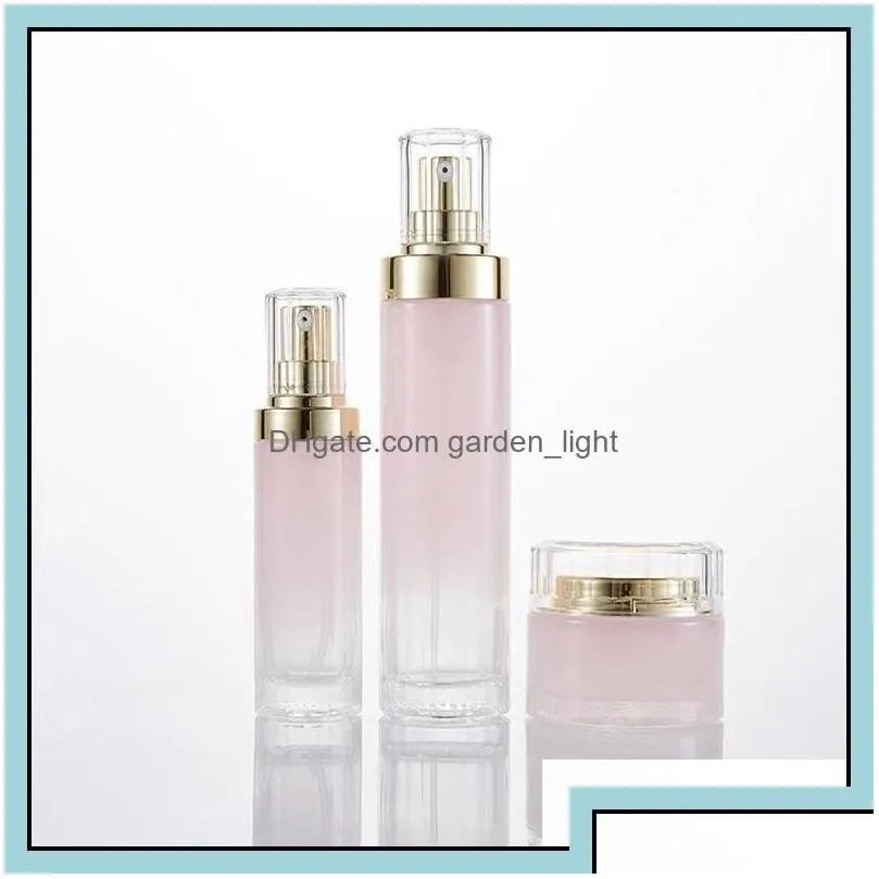 wholesale cream jar gradient pink glass cosmetic jars lotion pump bottles with gold lids 30g 50g 40ml 100ml 120ml drop delivery office school