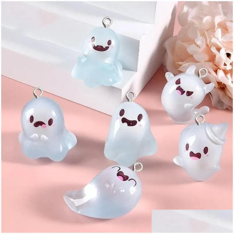 charms 10pcs cartoon luminous ghost resin diy halloween gift jewelry making creative keychain phone pendant funny figurine decor