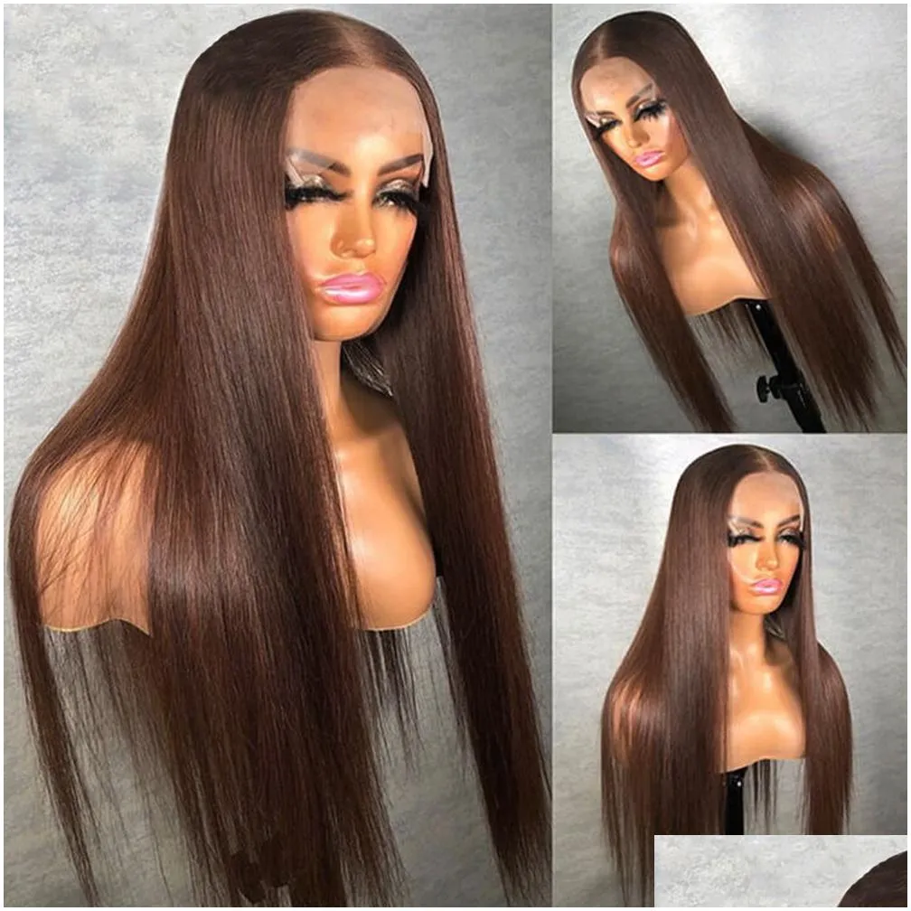 Synthetic Wigs 13X4 13X6X1 Hd Glueless Straight Lace Front Wigs Human Hair Transparent Frontal Wig Preplucked Brown Colored Drop Deli Dhkci