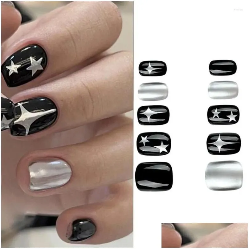 false nails 24pcs black short round y2k silver star design french fake full cover detachable nail tips press on