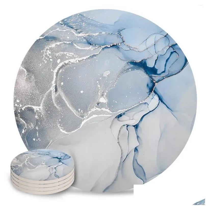 table mats blue marble texture ceramic set kitchen round placemat luxury decor coffee tea cup coasters