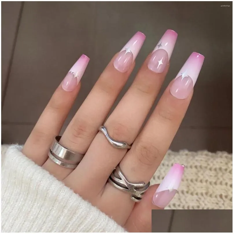 false nails french fake nail for women sweet coolo star pattern gradeint artificial extension suit matching