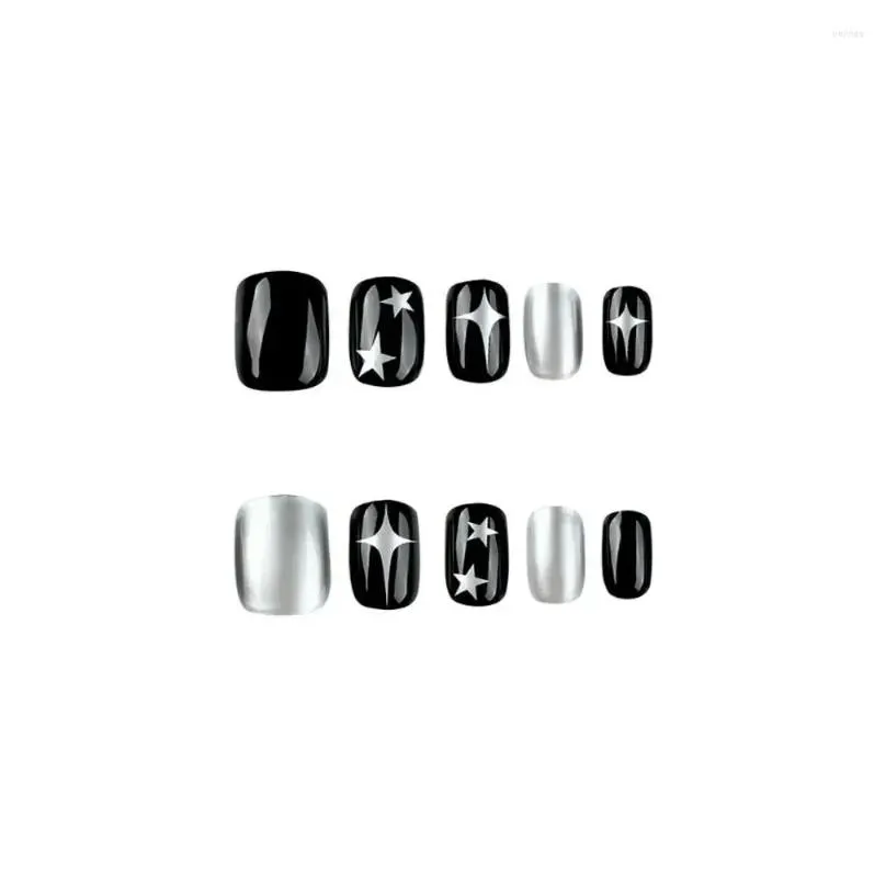 false nails 24pcs black short round y2k silver star design french fake full cover detachable nail tips press on