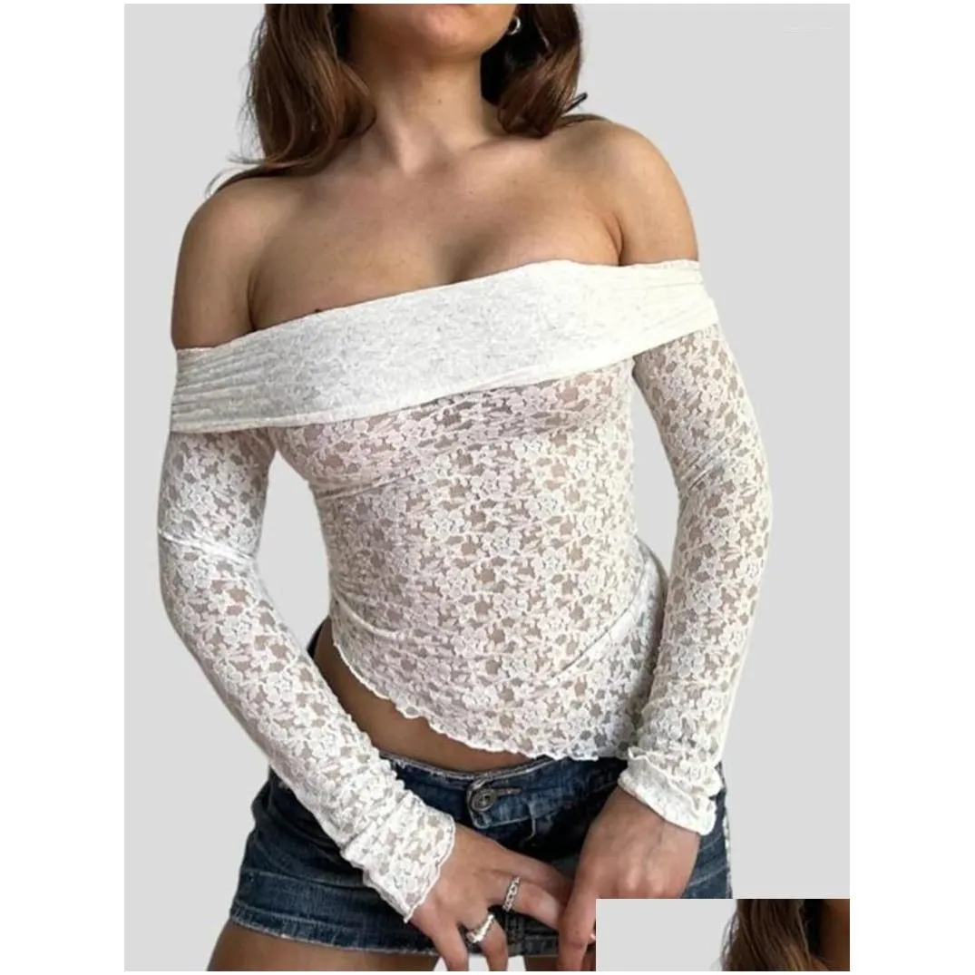 women`s t shirts sheer mesh see through t-shirt round neck slim fit blouse women s elegant floral lace long sleeve top shirt y2k