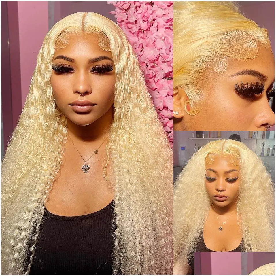 Synthetic Wigs 250% 40 Inch 613 Honey Blonde Deep Wave Brazilian Fl 13X4 Lace Frontal Wigs Transparent Synthetic Front Preplucked Dro Dhfgz