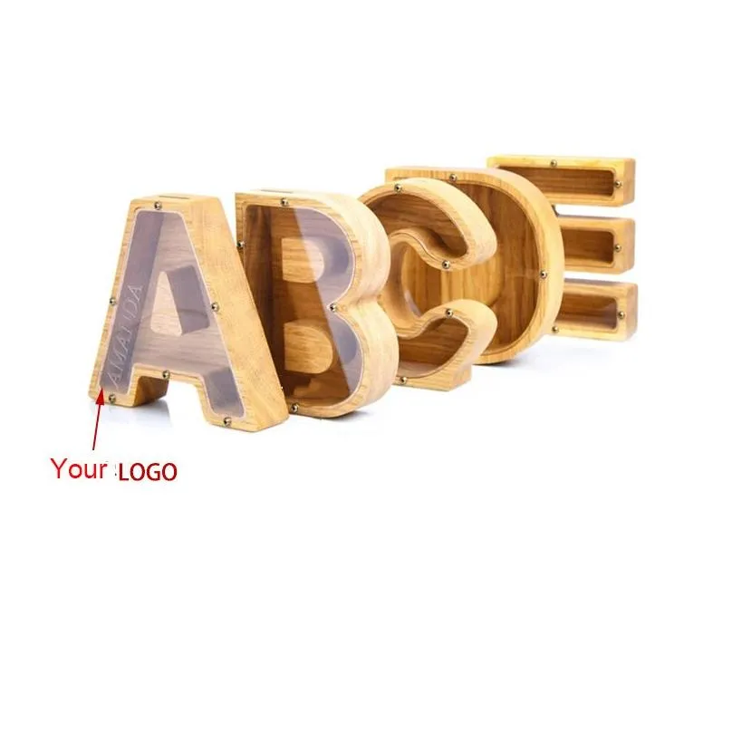 personalized wooden letter piggy bank novelty items transparent coin storage box home decoration crafts ornaments