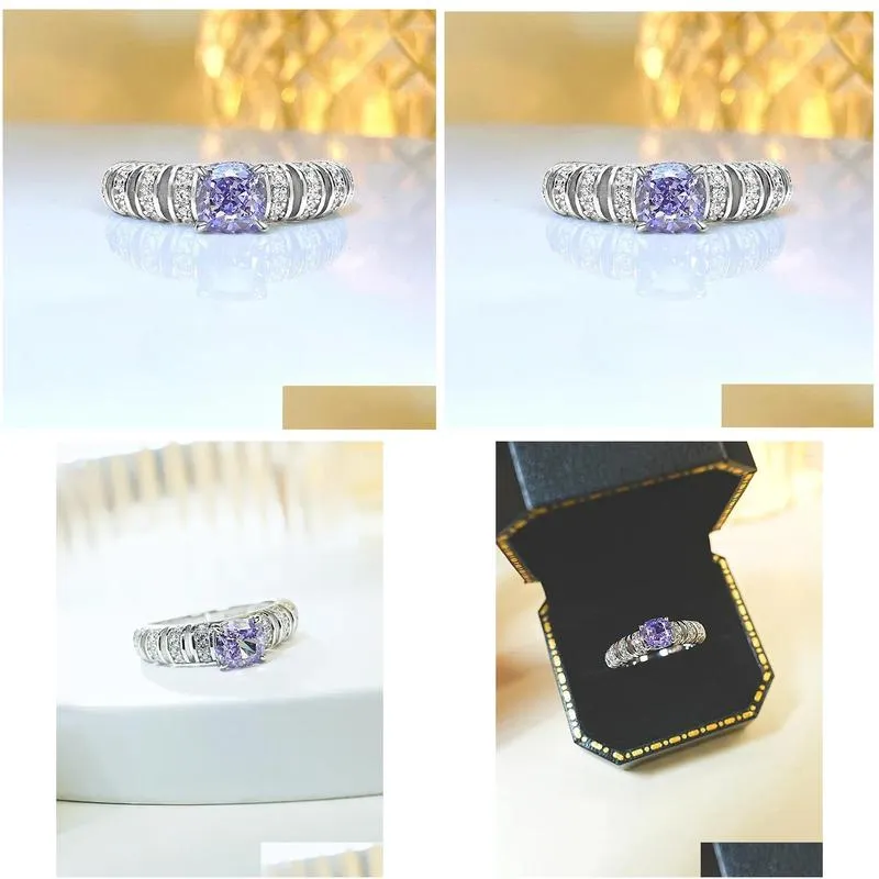 cluster rings purple diamond square cut 925 silver ring paired with high carbon multifunctional niche elegant women`s