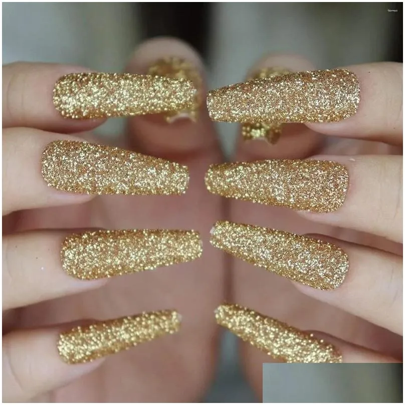 false nails glitter gold powder press on extra long coffin ballerina shape fake full cover shiny ballet artificial acrylic