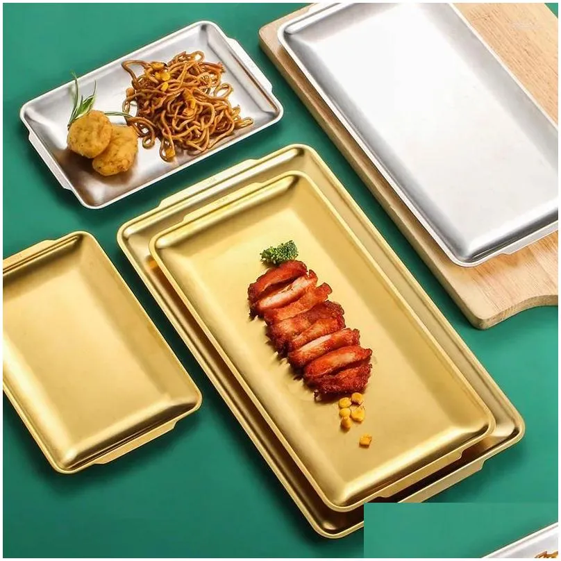 flatware sets korean style 304 stainless steel square barbecue plate golden rectangular tray western snack flat craft ornaments