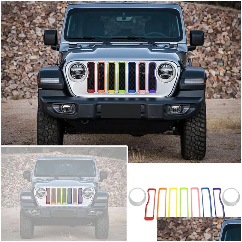 car headlight cover trim and front mesh grille ring decoration for jeep wrangler jl 2018 car accessories9660993