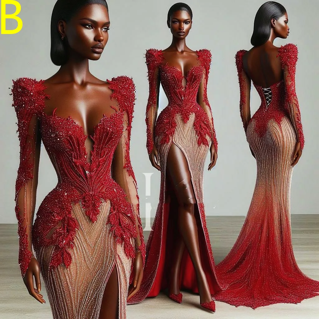 2024 Aso Ebi Red Luxurious Mermaid Prom Dress Lace Beaded Crystals Tiers Evening Formal Party Second Reception Birthday Engagement Gowns Dresses Robe De Soiree ZJ23