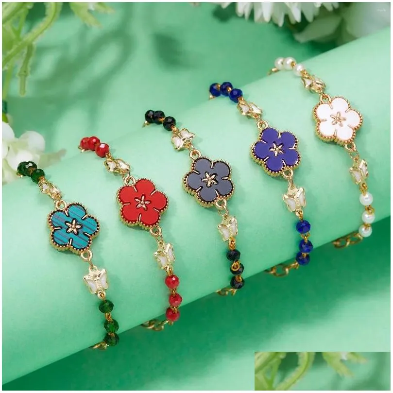 charm bracelets fashion sweet colorful 5 petaled flower for women crystal double sided floral link chain bracelet party jewelry
