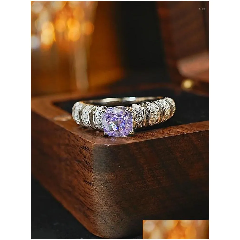 cluster rings purple diamond square cut 925 silver ring paired with high carbon multifunctional niche elegant women`s