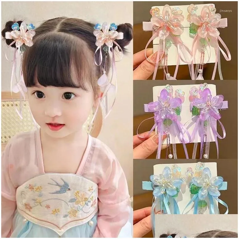 hair accessories vintage chinese organza ribbon bow tassel hairpins hairgrips butterfly flower clips for girls han fu pins