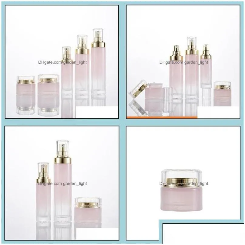 wholesale cream jar gradient pink glass cosmetic jars lotion pump bottles with gold lids 30g 50g 40ml 100ml 120ml drop delivery office school