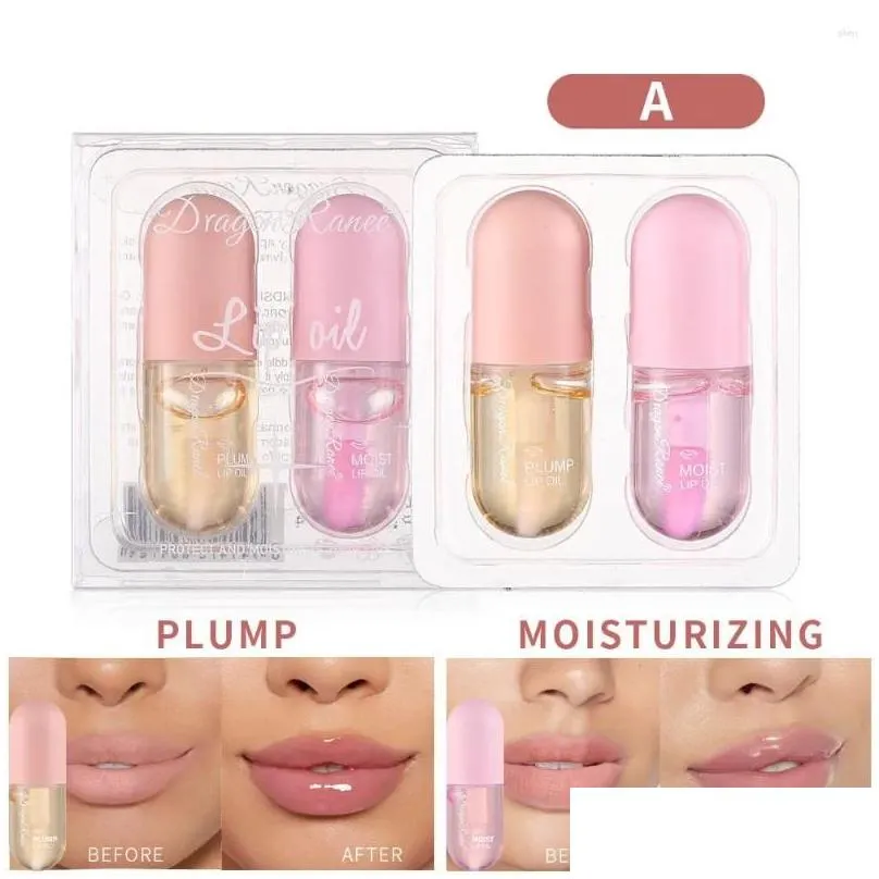 lip gloss 2pcs/set crystal jelly lips plumper oil instant volume moisturizing repairing reduce fine line sexy enhancer makeup tool