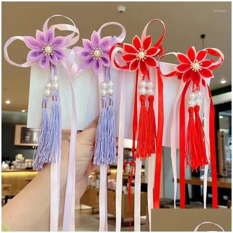 hair accessories vintage chinese organza ribbon bow tassel hairpins hairgrips butterfly flower clips for girls han fu pins
