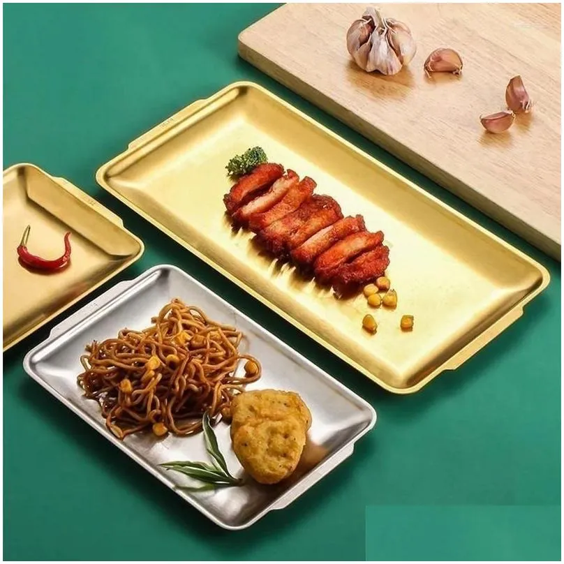 flatware sets korean style 304 stainless steel square barbecue plate golden rectangular tray western snack flat craft ornaments
