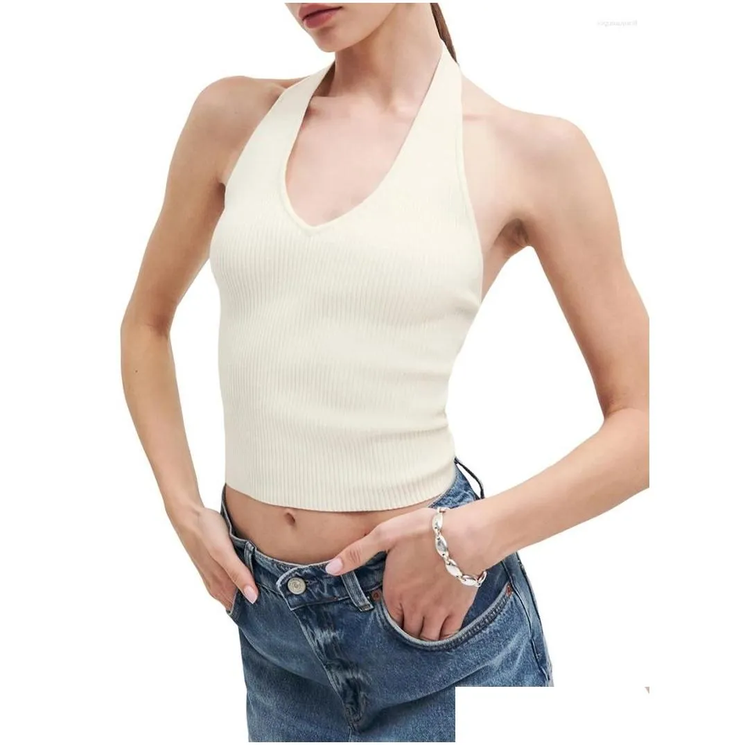 women`s tanks mxiqqpltky ribbed knit tank top for women sexy halter neck sleeveless open back slim fitted going out crop y2k tops