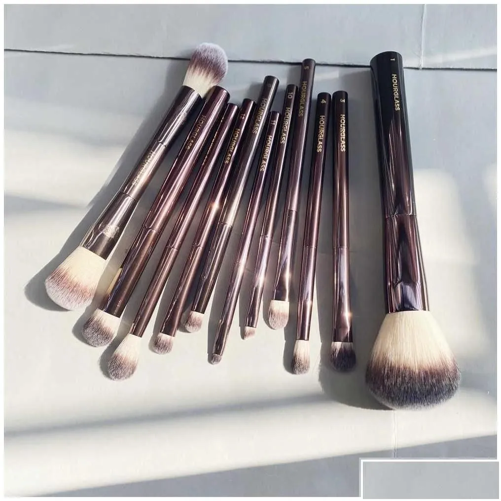 makeup brushes hourglass set - 10-pcs powder blush eyeshadow crease concealer eyeliner smudger dark-bronze metal handle cosmetics dr