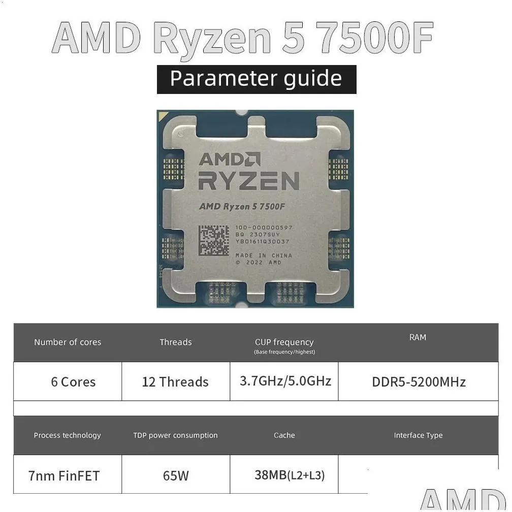 ryzen 5 7500f r5 37ghz 6core 12thread cpu processor 5nm l332m 100000000597 socket am5 sealed and without fan 240123