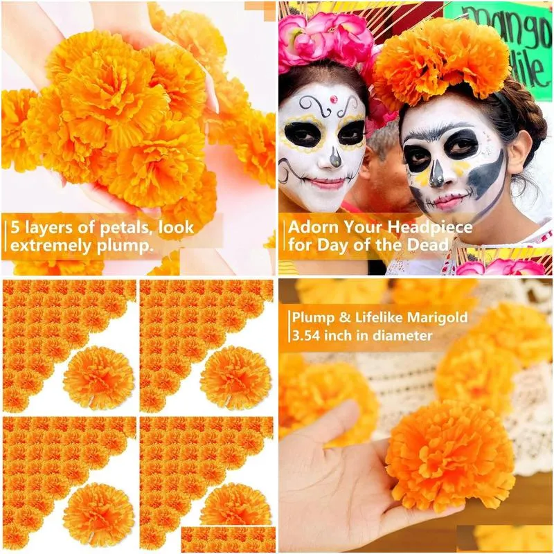 Decorative Flowers & Wreaths Decorative Flowers 3.9Inch Marigold Artificial Day Of The Dead Flower 200Pcs Fake Head For Garland Making Dhlde